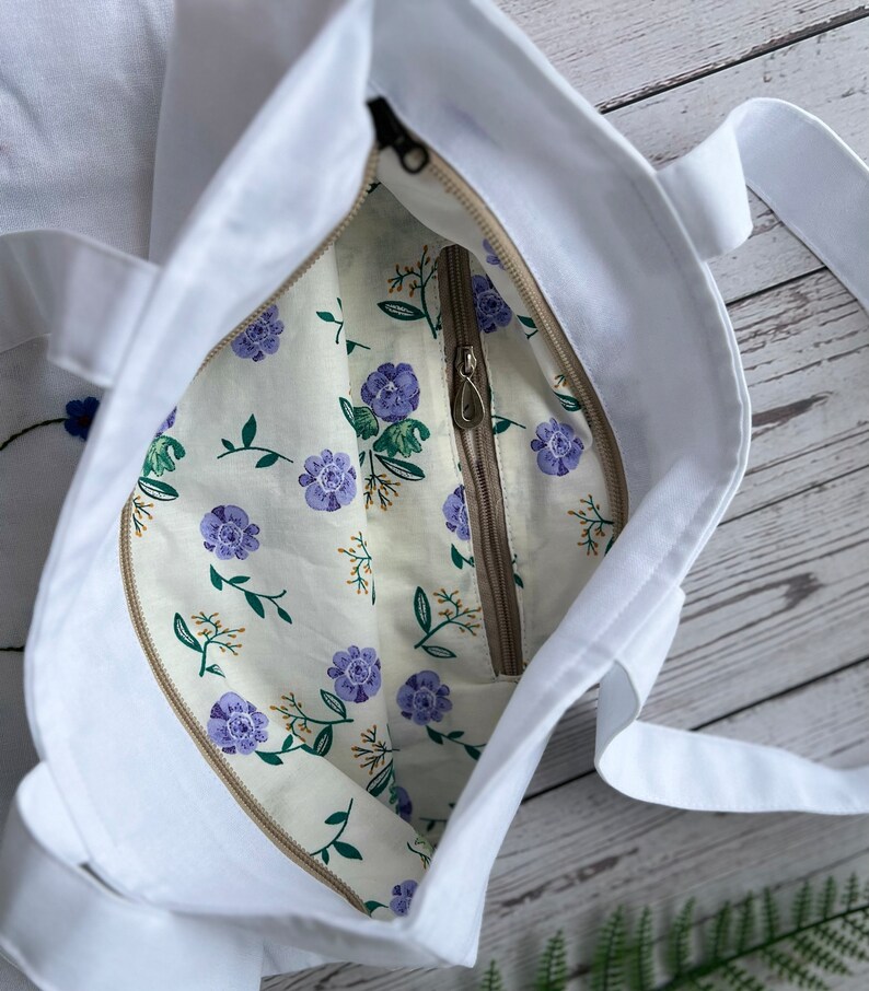 Blue Flowers And Dragonfly Embroidered Linen Tote Bag With Zipper And Pocket, Wild Flower Tote Bag, Hand Embroidered Tote, Personalised Bag image 5