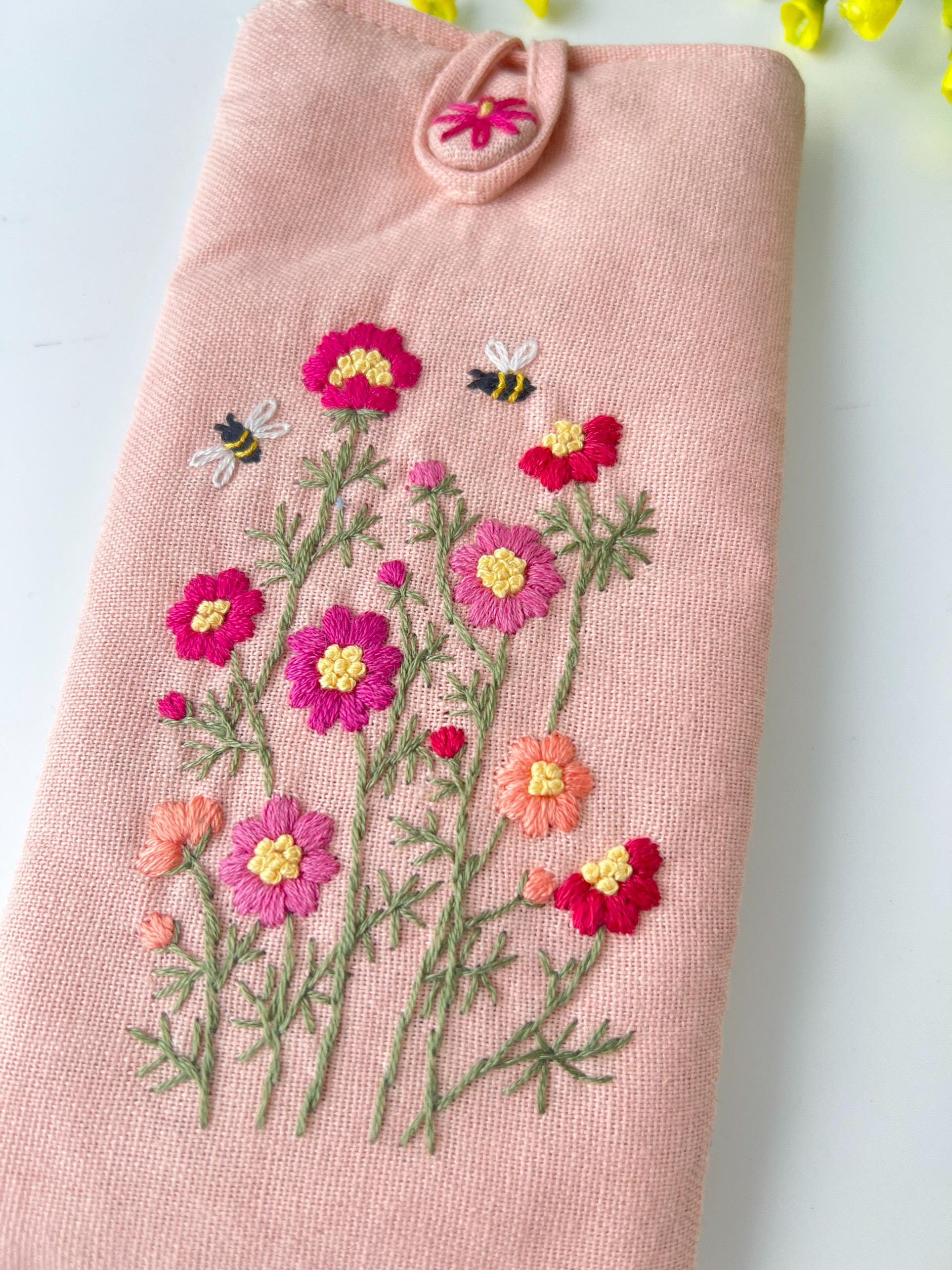 花柄刺繍入り眼鏡ケース、カスタム生地ソフトサングラスケース、手刺繍