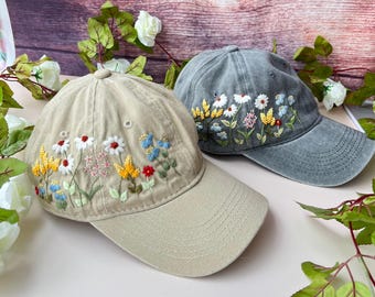 Hand-embroidered Wildflower Khaki Baseball Cap, Floral  display picture 2