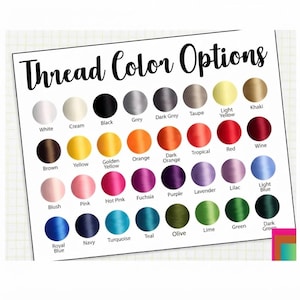 Pode incluir: Uma tabela retangular intitulada Thread Color Options exibindo trinta e duas amostras circulares de linha de bordar em v&aacute;rias cores. Cada c&iacute;rculo est&aacute; rotulado com o nome da cor correspondente, incluindo branco, preto, vermelho, azul e verde.