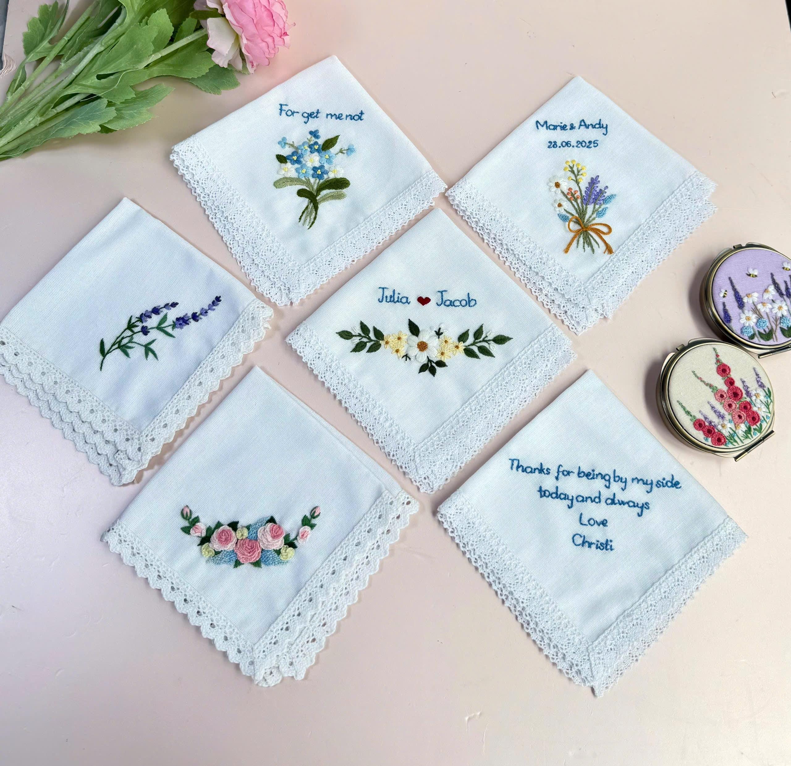 Amexo: 6 Fazzoletti Da Donna In Cotone 28x28 Cm, Motivo Floreale E Pizzo, Vintage E Ricamati - copertina