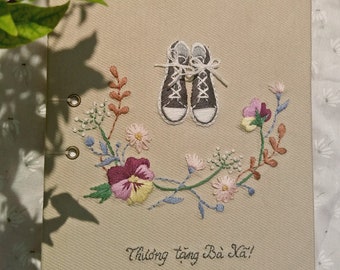 Personalized Embroidered Notebook A5 With Shoes And Flower, Hand Embroidered Binding Notebook, Fabric cover,Handmade Notebook,Custom Journal