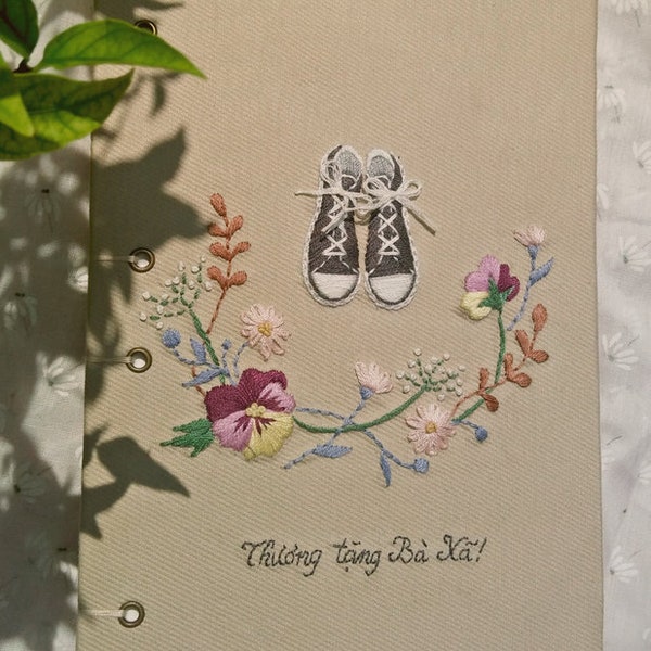 Personalized Embroidered Notebook A5 With Shoes And Flower, Hand Embroidered Binding Notebook, Fabric cover,Handmade Notebook,Custom Journal