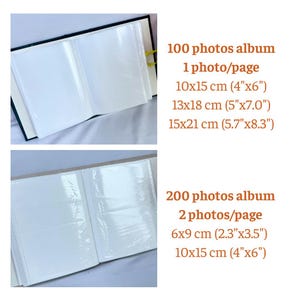 Puede incluir: Se muestran dos &aacute;lbumes de fotos, uno abierto para mostrar fundas de pl&aacute;stico transparente. El texto indica que los &aacute;lbumes contienen 100 o 200 fotos, con tama&ntilde;os de 10x15 cm, 13x18 cm y 15x21 cm. Los &aacute;lbumes est&aacute;n dise&ntilde;ados para una o dos fotos por p&aacute;gina.