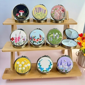 Floral Hand Embroidered Jewelry Box, Jewelry Box With Mirror, Bridesmaid Gift, Valentine&#39;s Gift, Mother&#39;s day Gift