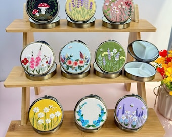 Floral Hand Embroidered Jewelry Box, Jewelry Box With Mirror, Bridesmaid Gift, Valentine's Gift, Mother's day Gift