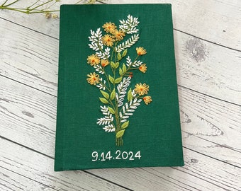 Cuaderno bordado a mano personalizado, Cuaderno de tela hecho a mano, Diario personalizado, Cuaderno Daisy, Diario de tapa dura de tela, Cuaderno personalizado