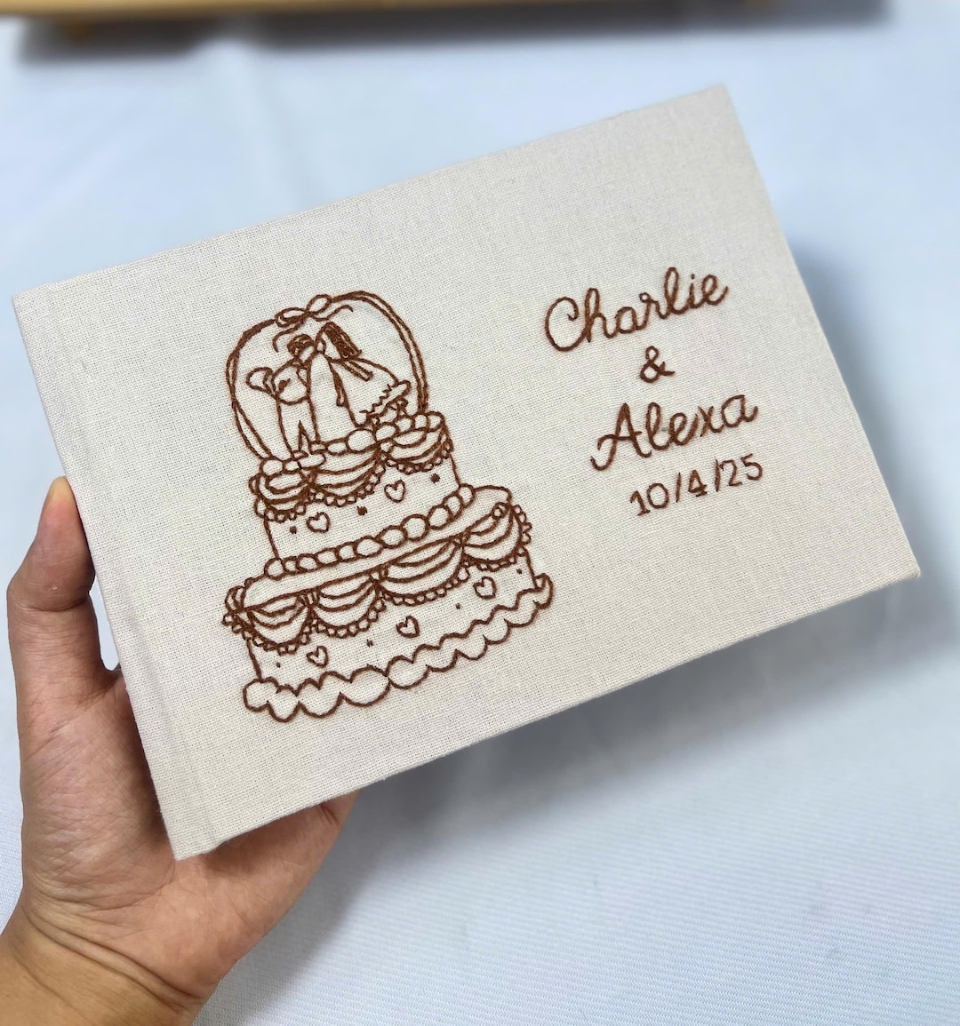 Custom Hand Embroidered Guest Book, Photo Album, Wedding Cake Design, Linen Wedding Guest Book, Memory Book, Handmade Fabric Notebook