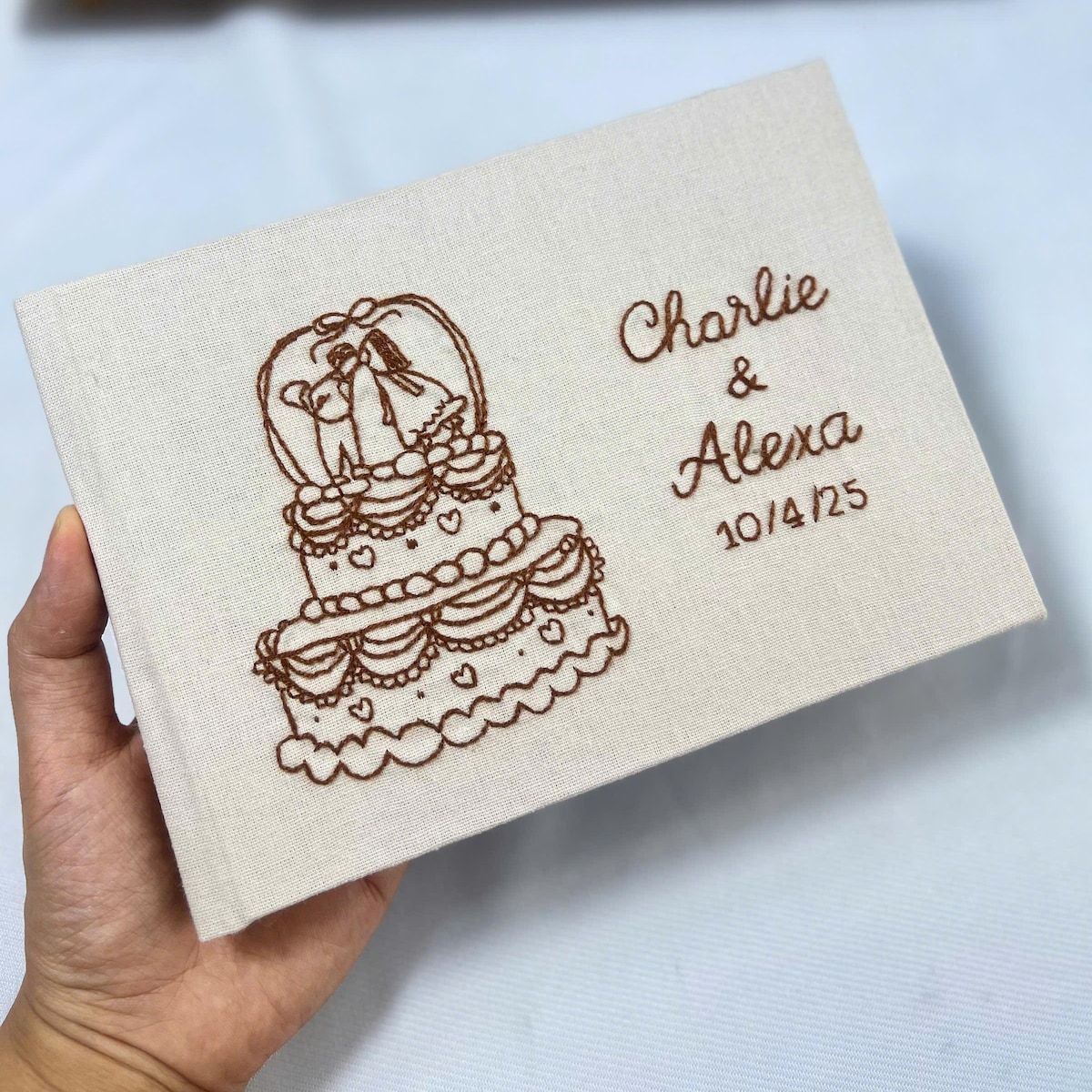 Custom Hand Embroidered Guest Book, Photo Album, Wedding Cake Design, Linen Wedding Guest Book, Memory Book, Handmade Fabric Notebook - Etsy