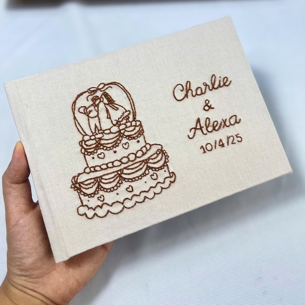 Custom Hand Embroidered Guest Book, Photo Album, Wedding Cake Design, Linen Wedding Guest Book, Memory Book, Handmade Fabric Notebook
