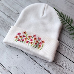Hand Embroidered Beanie, Daisy Beanie, Mushroom Beanie, Wild Flower And Bee Beanie, Boho Beanie, Winter Hat, Christmas Gift, Birthday Gift
