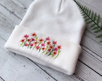 Hand Embroidered Beanie, Daisy Beanie, Mushroom Beanie, Wild Flower And Bee Beanie, Boho Beanie, Winter Hat, Christmas Gift, Birthday Gift