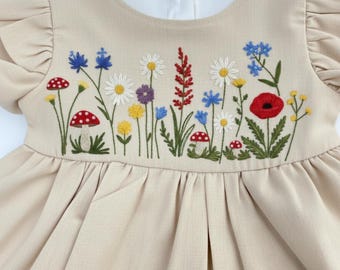 Wild Flower Embroidered Dress, Hand Embroidered Girls Soft Dress, Toddler Linen Dress, Floral Kid Clothing, Baby Dress,First Birthday Outfit