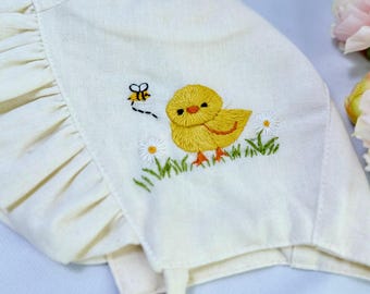 Hand Embroidered Linen Baby Bonnet, Custom Bonnet, Happy Chicken With Bee Bonnet,Personalized Embroidered Bonnet, Baby Sunbonnet