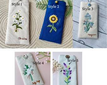 花柄刺繍入り眼鏡ケース、カスタム生地ソフトサングラスケース、手刺繍