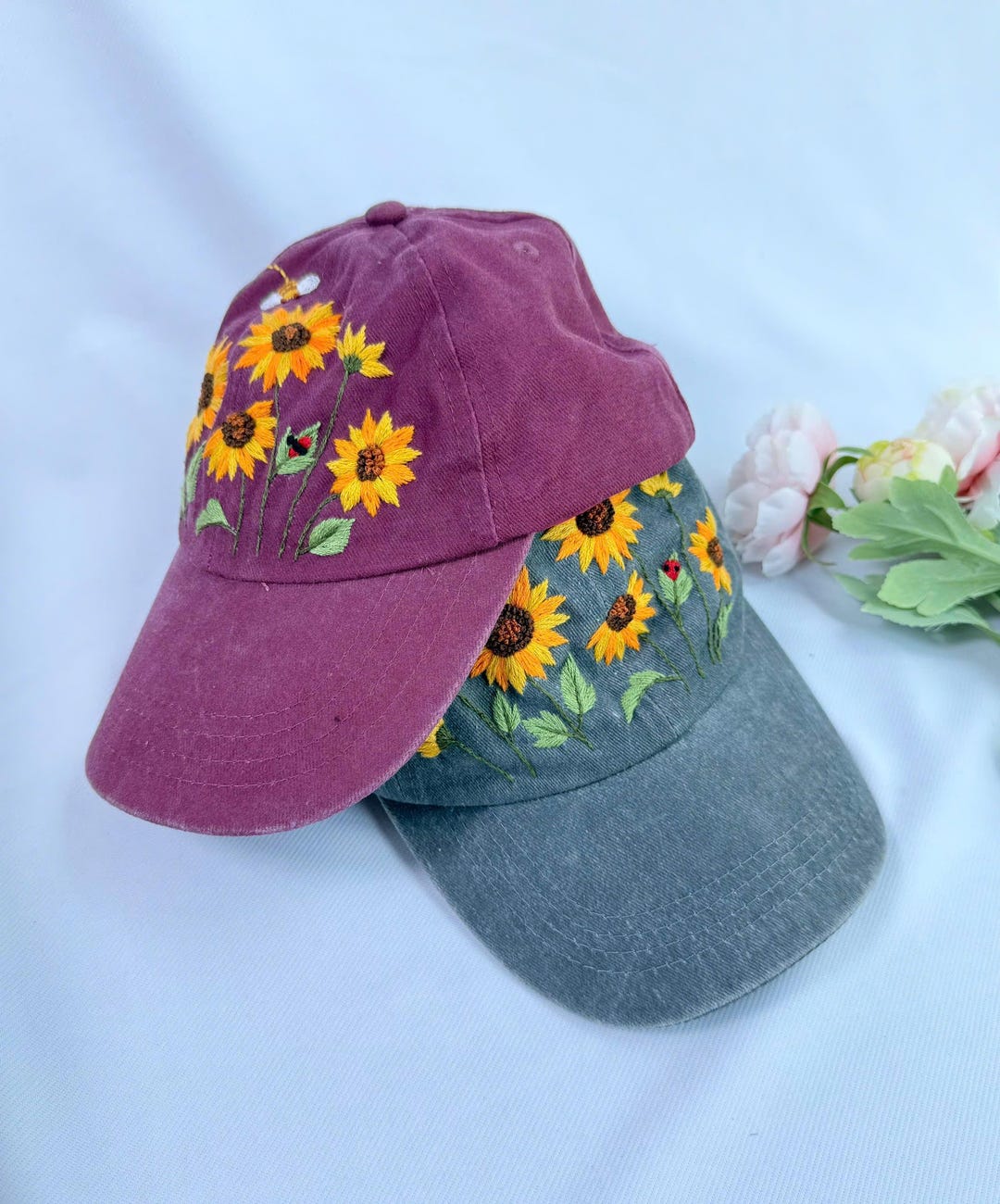 Embellished Navy Blue ladies  Cap with Sunflower and Bee Design Vintage Sunflower With Bee Hand Embroidered Baseball Hat for  main image 3