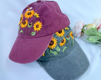 Sunflower And Bee Hand Embroidered Baseball Cap, Wash Cotton Hat, Handmade Embroidered Denim Cap, Hat For Women, Summer Hat, Flower Hat