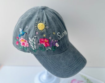 Custom Hand Embroidery Hat With Peonies, Sun and Hummingbird, Daisy Baseball Cap, Wash Cotton Hat, Denim Cap, Hat For Women, Summer hat