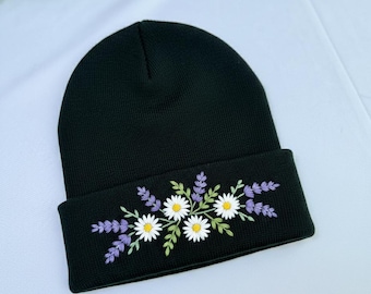 Hand Embroidered Beanie, Mushroom Beanie, Daisy Beanie, Wild Flower And Bee Beanie, Boho Beanie, Winter Hat, Christmas Gift, Birthday Gift