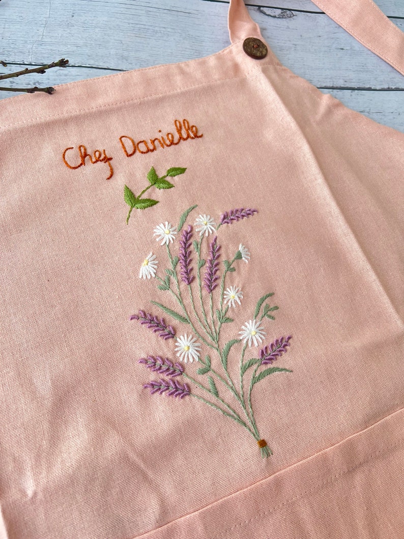 Personalized Embroidered Apron For Women, Hand-Embroidered Apron, Linen Cotton Apron, Flower Embroidery Linen Apron, Custom Apron image 10