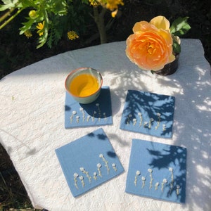 Hand Embroidered Floral Coaster, Linen Coasters Set, Embroidered Mug Coaster, Custom Coaster, Boho Home Decor, Tea Coaster, Home Decoration Blue