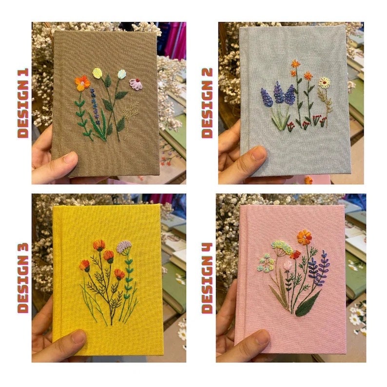 Personalized Journal Notebook A6 A5, Wild Flower Hand Embroidered Notebook, Fabric Hard cover,Daisy Journal,Handmade Notebook,Custom Journal image 4