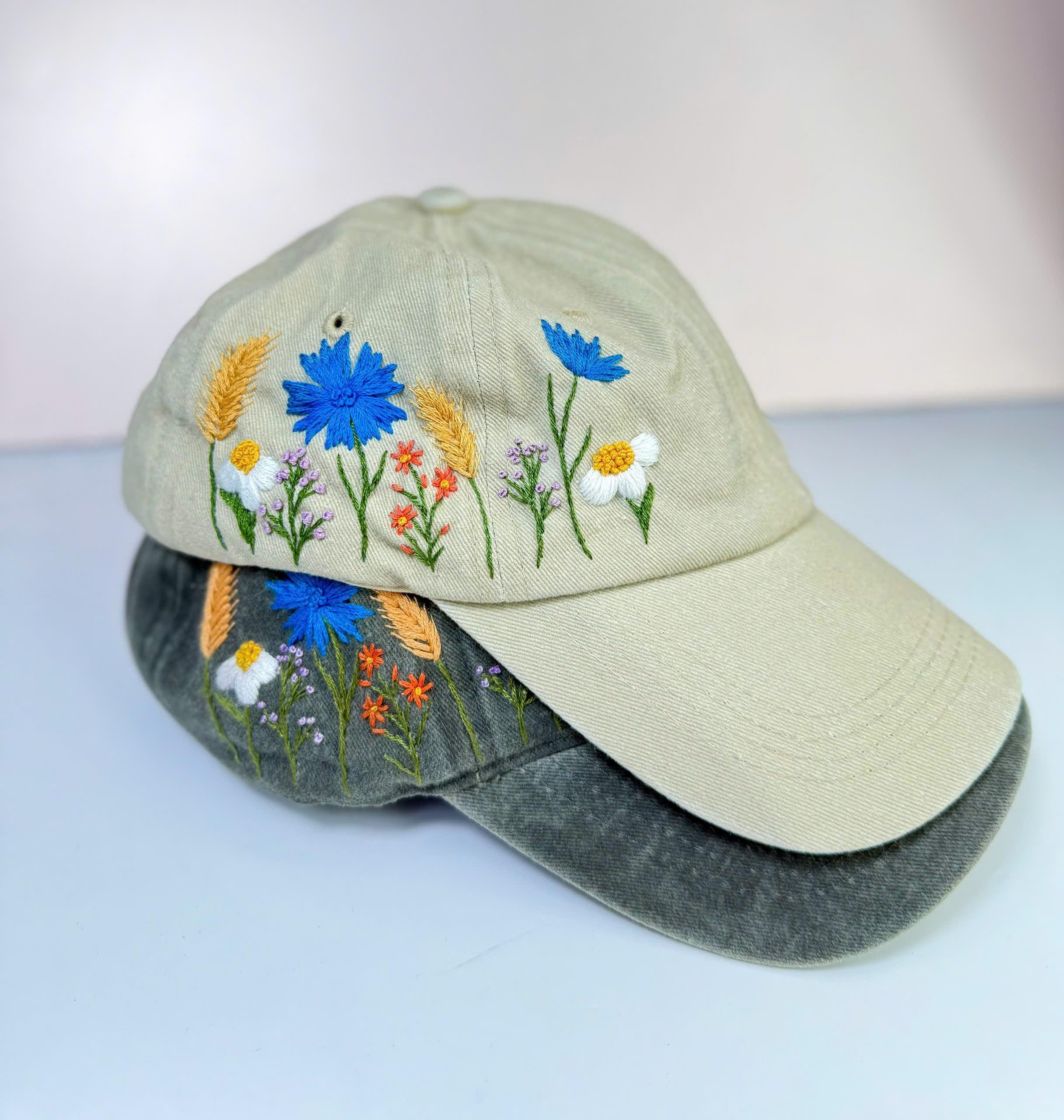 カスタム花柄手刺繍野球帽、デイジー刺繍帽子、ウォッシュコットン帽子