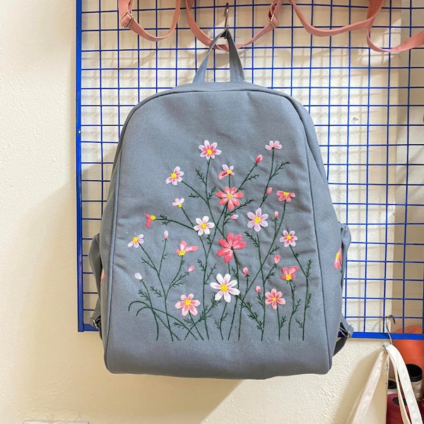 Wild flower embroidered backpack, Custom hand embroidered backpack, Personalized backpack, Backpack for women, Kid backpack
