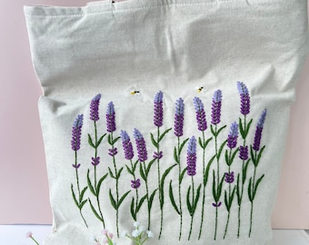 Lavender Garden Embroidered  Linen Tote Bag With Zipper And Pocket, Wild Flower Bag, Hand Embroidered Tote, Personalised Bag,Shopping Bag