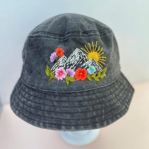 Mountain, Sun and Flowers Hand Embroidered Bucket Hat, Daisy Hat, Wash Cotton Hat, Handmade Summer Hat, Hat For Women, Custom Bucket Hat