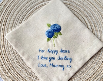 Personalized Embroidered Hydrangea Handkerchiefs, Linen Embroidered Handkerchief, Hand Embroidered, Wedding Handkerchief, Wedding Gift