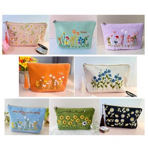 Personalized Hand Embroidered Cosmetic Bag, Flower Pouch, Linen Bag, Handmade Makeup Bag, Bridesmaid Gift, Linen Coin Purse, Embroidery Bag