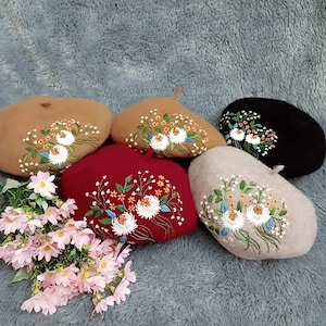 Floral Embroidered French Beret, Hand Embroidery Beret Women, Winter Beret With Flowers, Embroidered Hat,Wool Winter French Hat,Gift for mom
