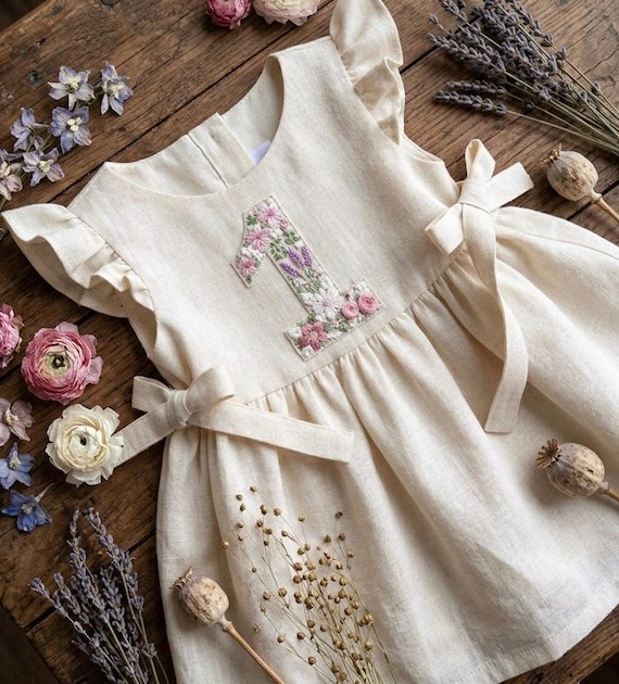 First Birthday Dress, Hand Embroidered Girls Soft Linen Dress, Toddler Linen Dress,Floral Kid Clothing, Baby Dress,Kid Dress,Birthday Outfit