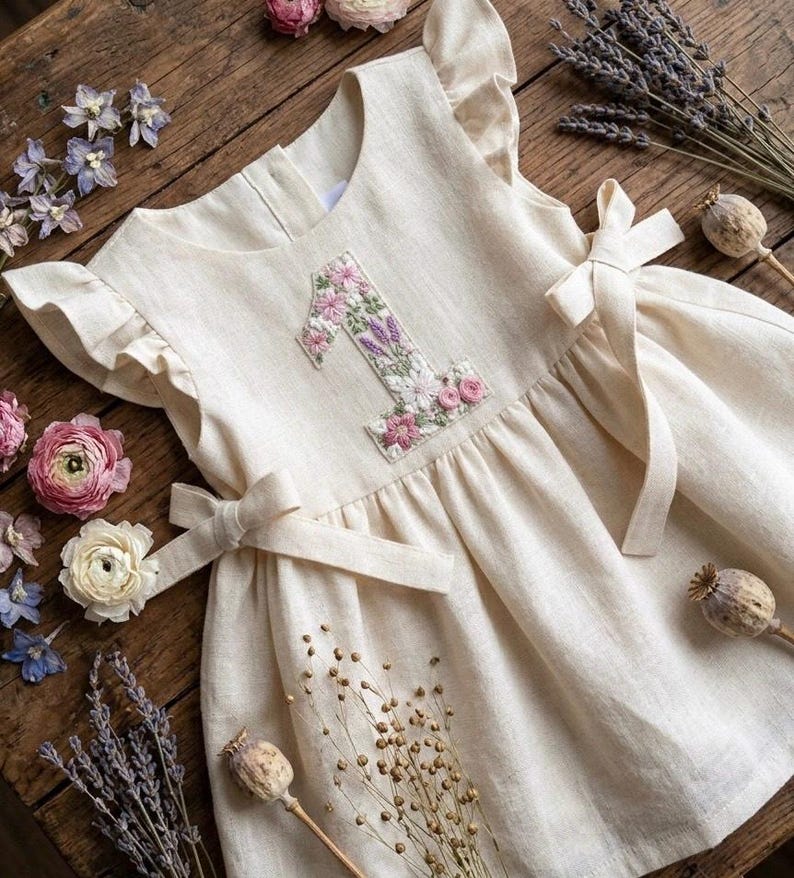 First Birthday Dress, Hand Embroidered Girls Soft Linen Dress, Toddler Linen Dress,Floral Kid Clothing, Baby Dress,Kid Dress,Birthday Outfit image 1