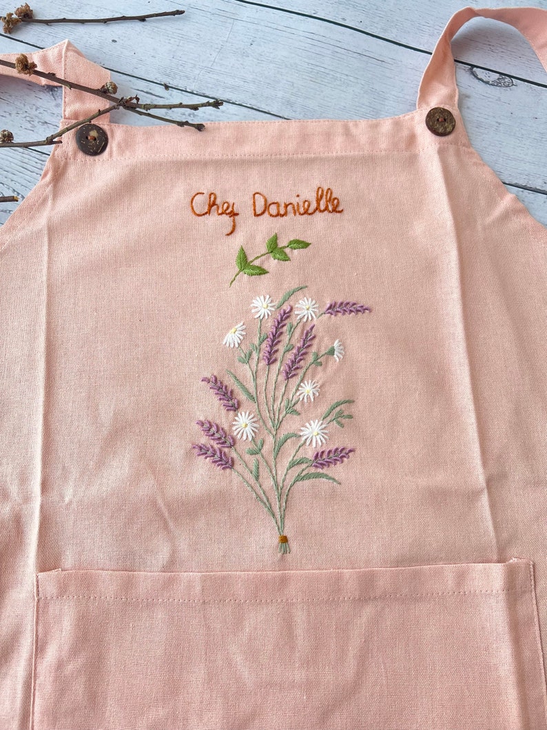 Personalized Embroidered Apron For Women, Hand-Embroidered Apron, Linen Cotton Apron, Flower Embroidery Linen Apron, Custom Apron image 9
