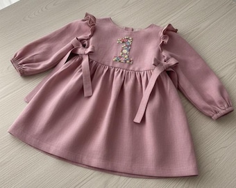 First Birthday Hand Embroidered Linen Dress, Long Sleeves Dress, Kid Linen Dress, Toddler Linen Dress, Baby Dress, First Birthday Outfit