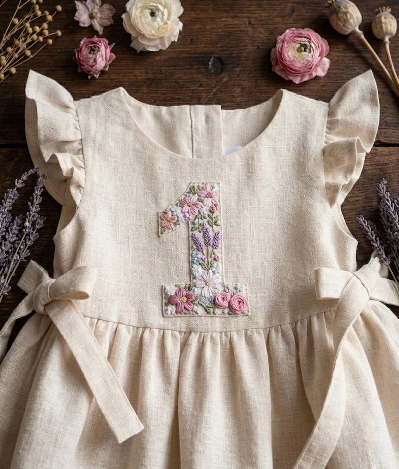 May include: A cream-colored linen dress with a floral embroidered number "1" on the front. The dress features ruffled sleeves and side bows. The embroidery includes pink, purple, and white flowers.