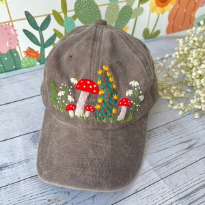 Mushroom And Flower Embroidered Baseball Cap, Daisy Hand Embroidered Baseball Cap, Wash Cotton Hat, Embroidered Denim Cap, Summer Hat