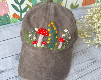 Mushroom And Flower Embroidered Baseball Cap, Daisy Hand Embroidered Baseball Cap, Wash Cotton Hat, Embroidered Denim Cap, Summer Hat