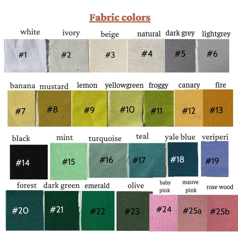 May include: A color chart displaying fabric swatches in various hues. The chart includes colors like white, ivory, beige, and dark grey, along with vibrant shades such as yellowgreen, teal, and rose wood. Each swatch is labeled with a number.