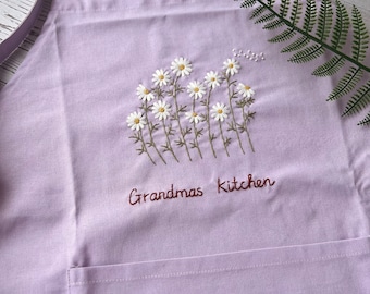 Wild Flower Embroidered Apron For Women, Hand-Embroidered Apron Personalized, Linen Cotton Apron,Flower Embroidery Linen Apron, Custom Apron