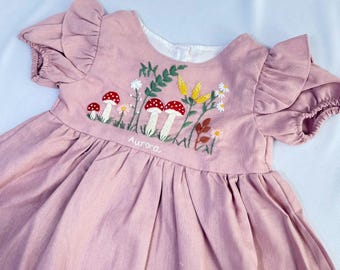 Custom Hand Embroidered Dress, Wild Flower Dress, Kid Linen Dress, Toddler Linen Cotton Dress,Baby Dress,First Birthday Outfit,Birthday Gift