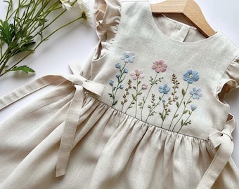 Wild Flower Embroidered Dress, Hand Embroidered Girls Soft Dress, Toddler Linen Dress, Floral Kid Clothing, Baby Dress,First Birthday Outfit