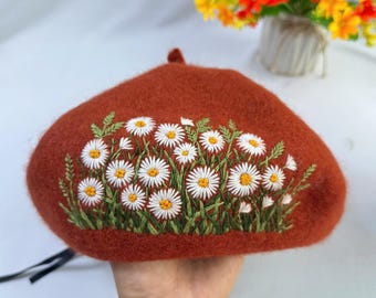 Women\'s French Style Flower Knitted Embroidery Beret Hats Beige Cream Color Flower Embroidered French Beret, Hand  main image 4