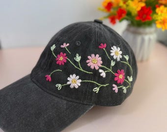 Custom Floral Hand Embroidered Baseball Cap, Daisy Embroidered Hat,Wash Cotton Hat,Personalized Embroidered Cap,Women Hat,Summer Hat