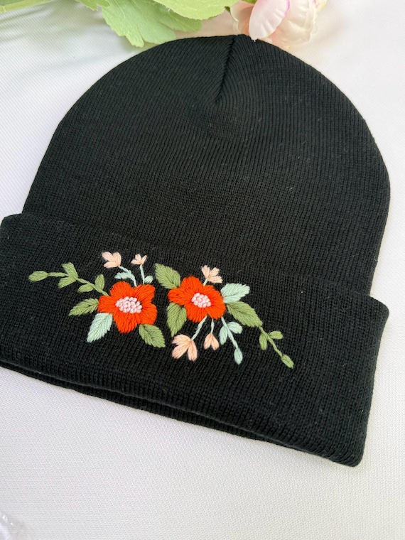 Hand Embroidered Beanie, Mushroom Beanie, Daisy Beanie, Wild
