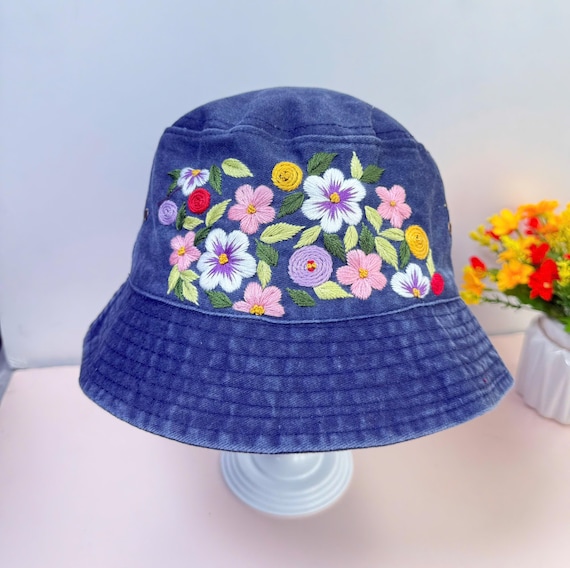 Colorful Flower Hand Embroidered Bucket Hat, Daisy Bucket, Wash Cotton Hat, Handmade Summer Hat, Hat For Women, Custom Bucket