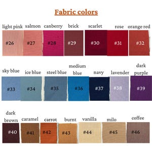 May include: A color chart displaying fabric swatches with names and corresponding numbers. Colors range from light pink to dark purple, including shades of blue, brown, and orange. The text "Fabric colors" is at the top.
