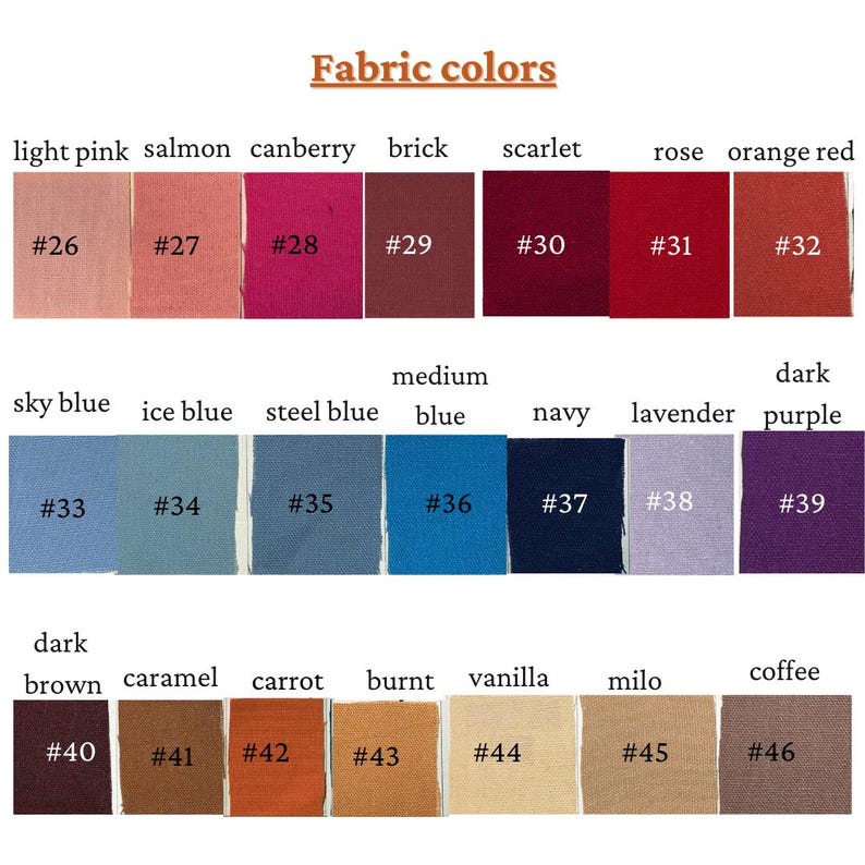 May include: A color chart displaying fabric swatches with names and corresponding numbers. Colors range from light pink to dark purple, including shades of blue, brown, and orange. The text "Fabric colors" is at the top.